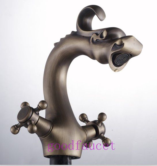 Antique bronze dragon style bathroom basin faucet vessel sink tap cross