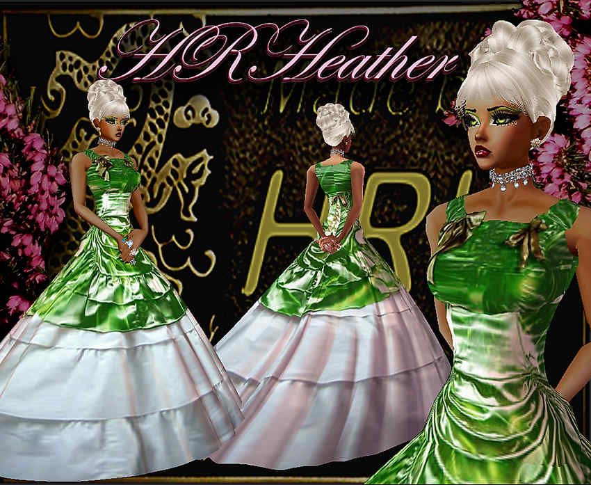 HRHeather’s lustrous darer green print silk mardi gras ball gown with a very large hoop skirt that needs the Queen Avatar from the “Avatar Factory” to be worn properly without swooping up at weird angles. This is a highly reflective green gown that is magnificent with folds, ribbons and bows – surely the kind of gown any Royalty and Empress will want to wear to your own Mardigras party.
