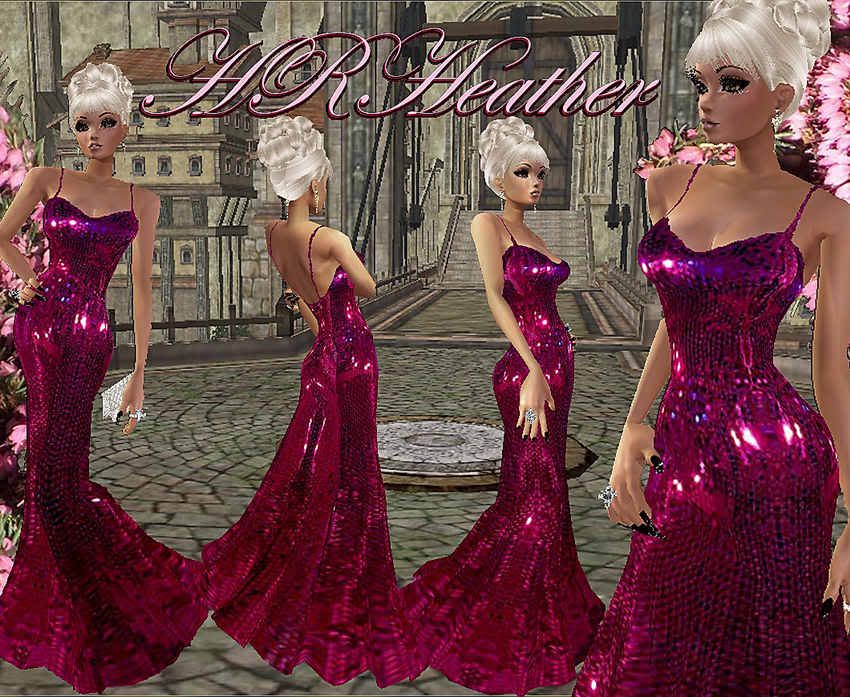 HRHeather’s purple completely sequin covered glittering floor length formal evening dress for galas, balls, and special events including movie premiers, funerals, and maybe even gothic weddings. This is a very glamorous couture piece that will turn all heads in the room your way. Try before you buy.